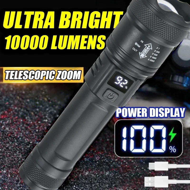 Outdoor Power Reno - バッテリーディスプレイ付きの強力なLED懐中電灯,USB充電式ライト,伸縮ズームトーチ,屋外キャンプ用ランプ,釣り用ランタン,9900lm
