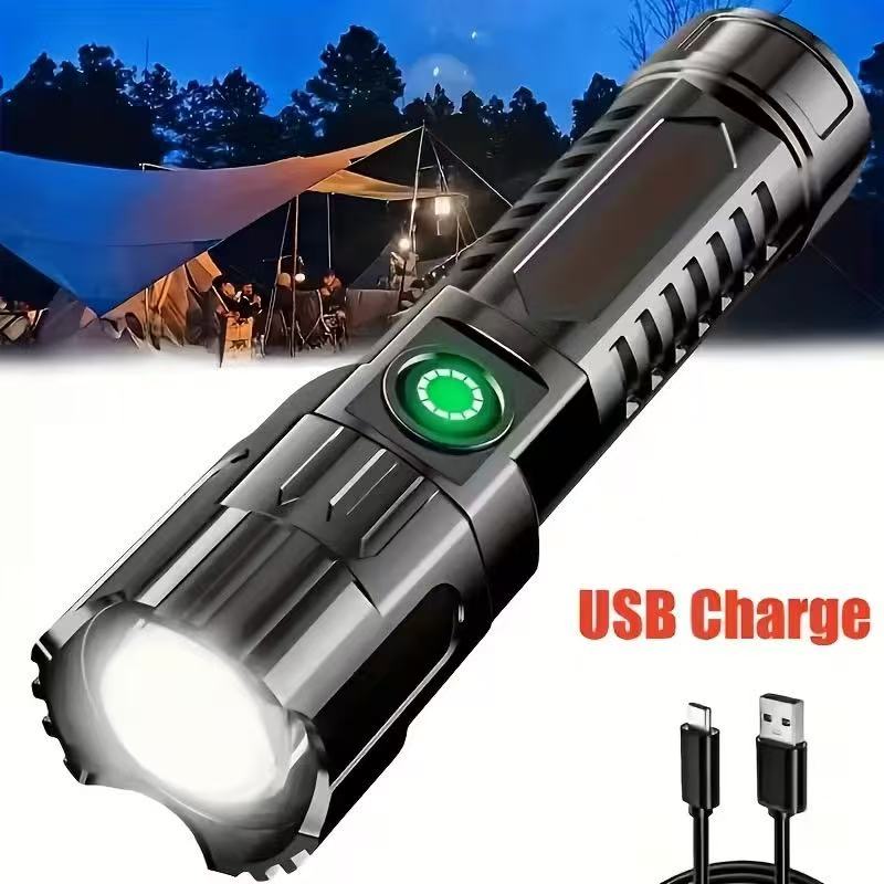 Outdoor Power Reno - 新型高出力LED懐中電灯 USB充電式トーチ ズーム機能付きライト 内蔵バッテリー キャンプ ハイキング