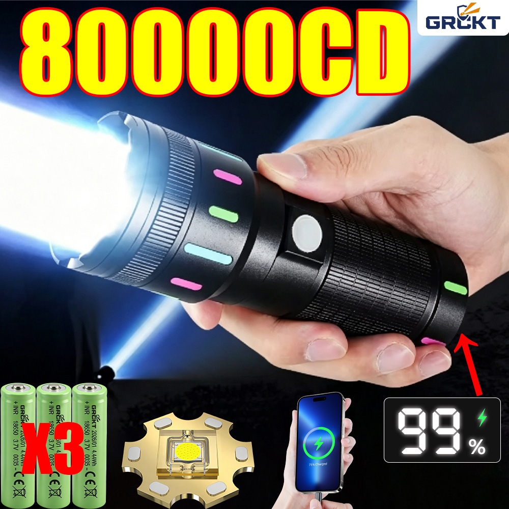 Outdoor Power Reno - 80000CD 最も強力なLED懐中電灯 ハイパワー戦術ハンティング懐中電灯 充電式トーチ アウトドア防水ランタンライトレーザーポインター 超強力